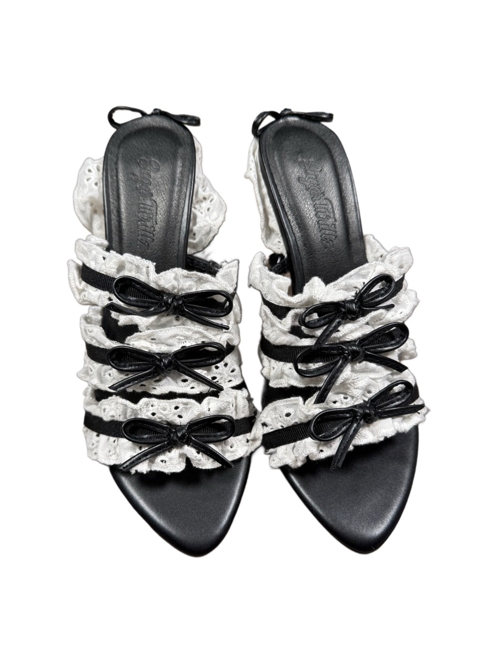 Women's Black & White Coquette Ruffle Bow Slide Heels - Picture 1 of 7